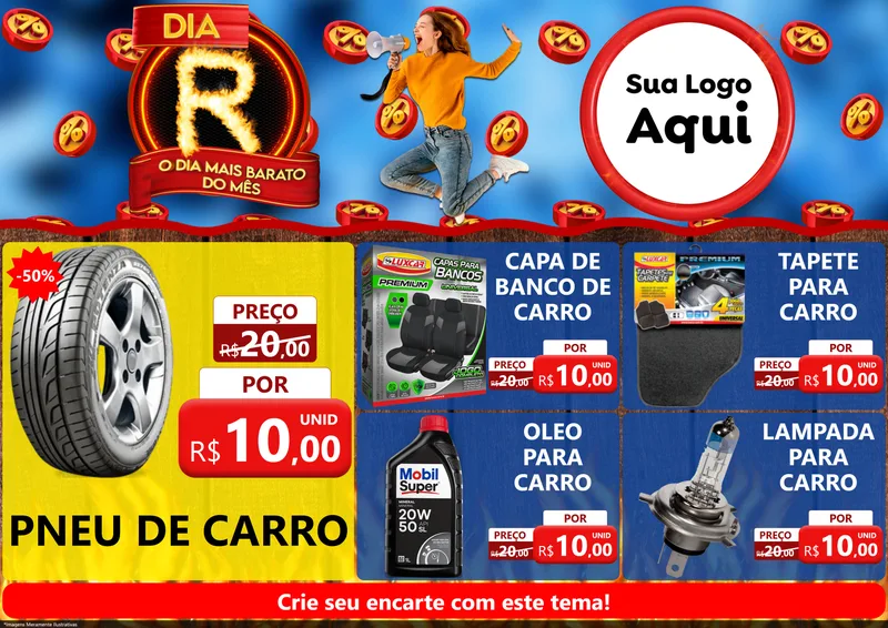 Modelo de Encarte para Encarte A4 Horizontal com o tema Dia R - O Dia Mais Barato Do Mês para Auto peças
