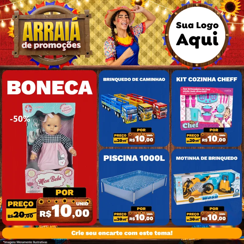 Modelo de Rede Social para Feed Facebook com o tema Arraiá de Promoções para Brinquedos