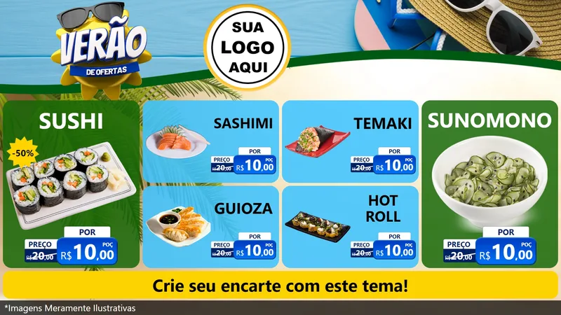 Modelo de TV para TV Horizontal com o tema Verão de Ofertas para Comida japonesa