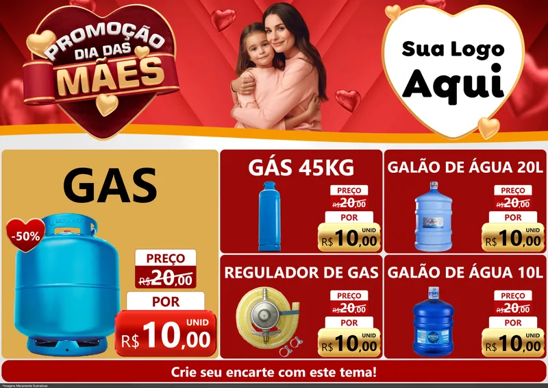 Modelo de Encarte para Encarte A4 Horizontal com o tema Promoção Dia das Mães para Água e gás