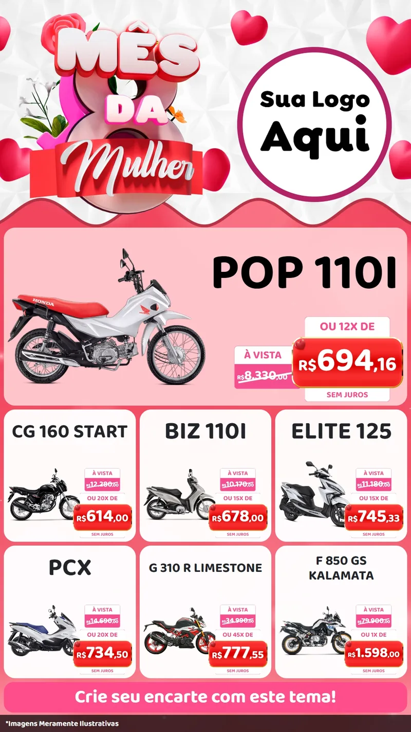 Modelo de Rede Social para Stories com o tema Mês da Mulher para Concessionaria de Motos