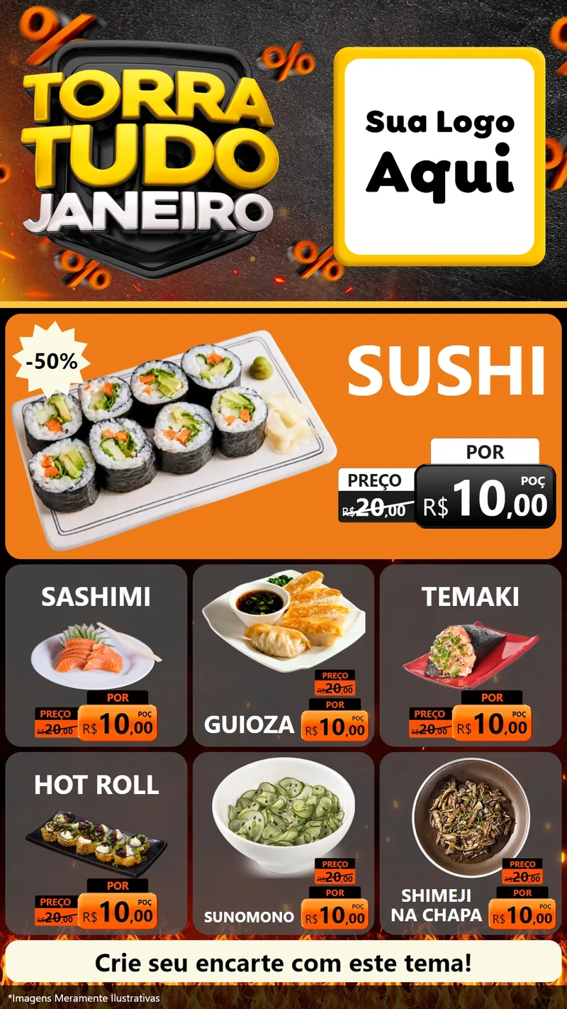 Modelo de Rede Social para Stories com o tema Torra Tudo Janeiro para Comida japonesa
