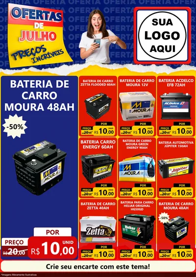 Modelo de Encarte para Encarte A4 Vertical com o tema Ofertas de Julho - Preços Incríveis para Baterias Elétricas