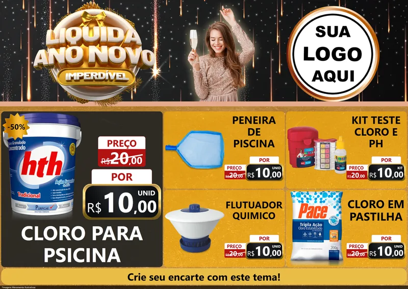 Modelo de Encarte para Encarte A4 Horizontal com o tema Liquida Ano Novo Imperdível para Produtos para Piscina