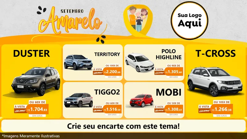 Modelo de TV para TV Horizontal com o tema Setembro Amarelo para Concessionaria de Carros