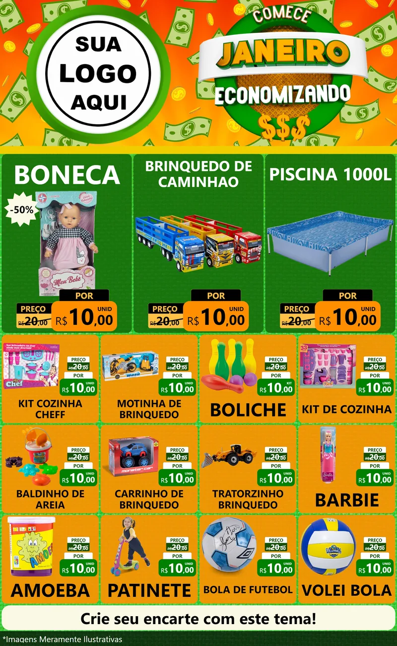 Modelo de Encarte para Encarte Grande com o tema Comece Janeiro Economizando para Brinquedos