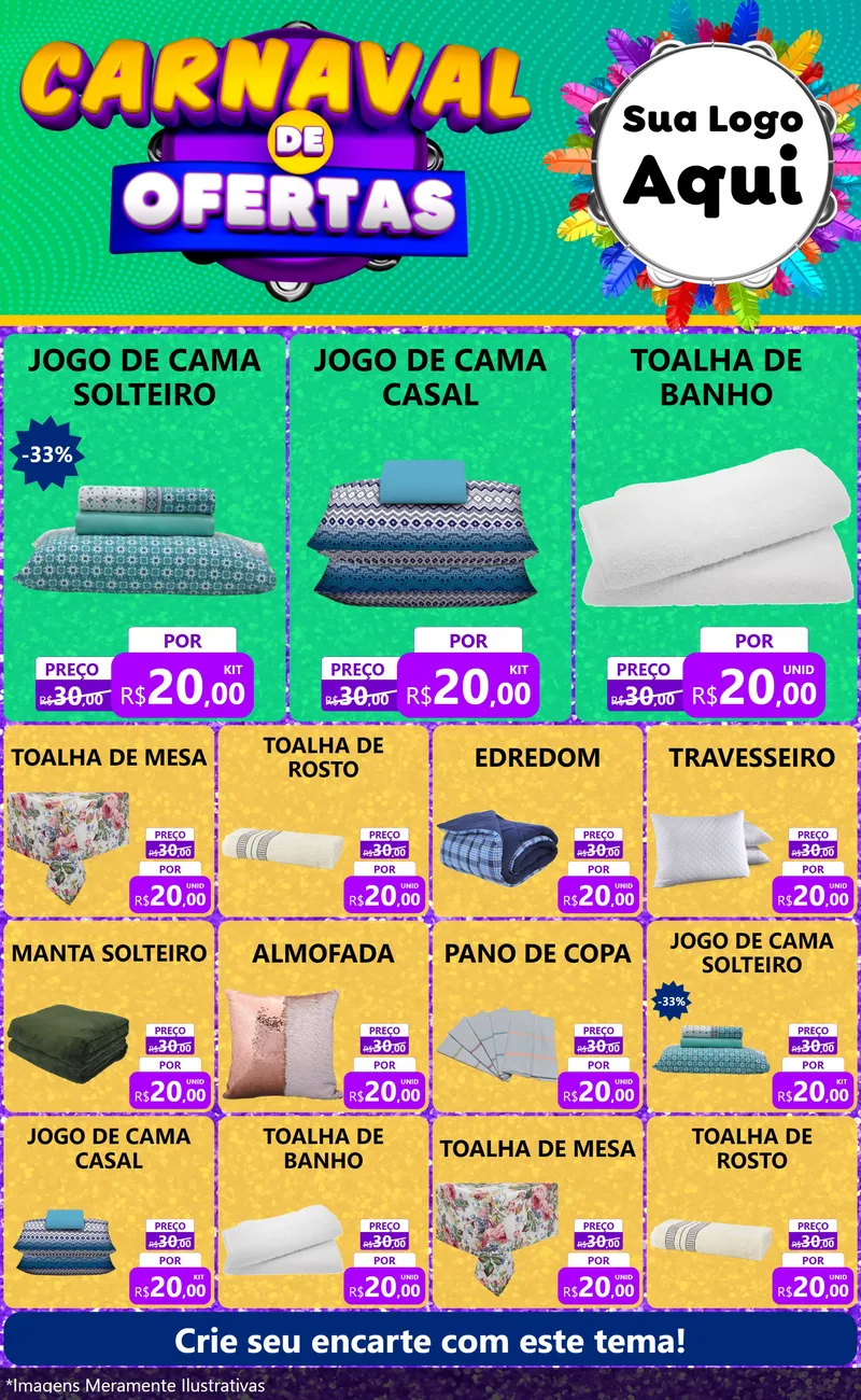 Modelo de Encarte para Encarte Grande com o tema Carnaval de Ofertas para Cama, Mesa e Banho