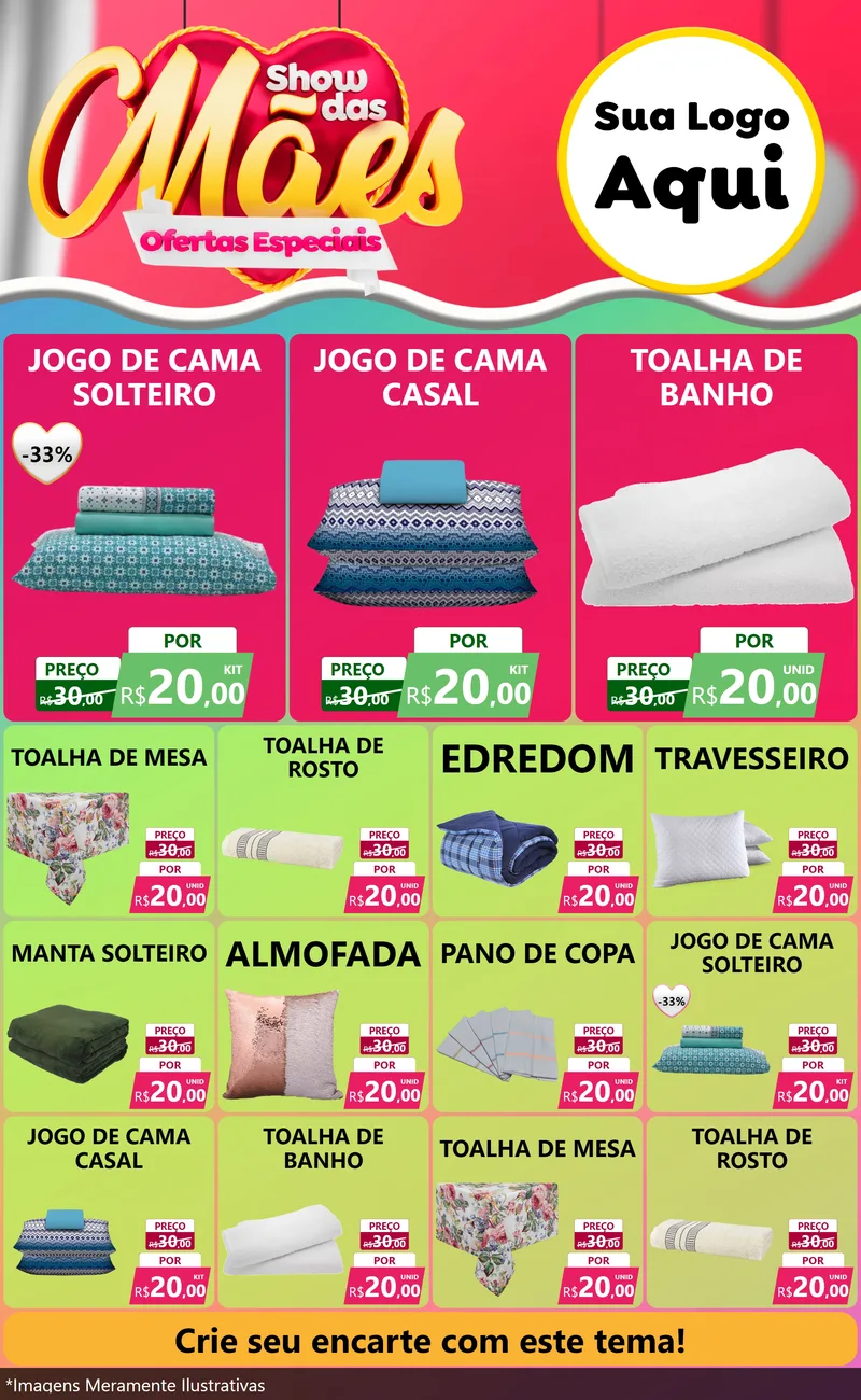 Modelo de Encarte para Encarte Grande com o tema Show das Mães - Ofertas Especiais para Cama, Mesa e Banho