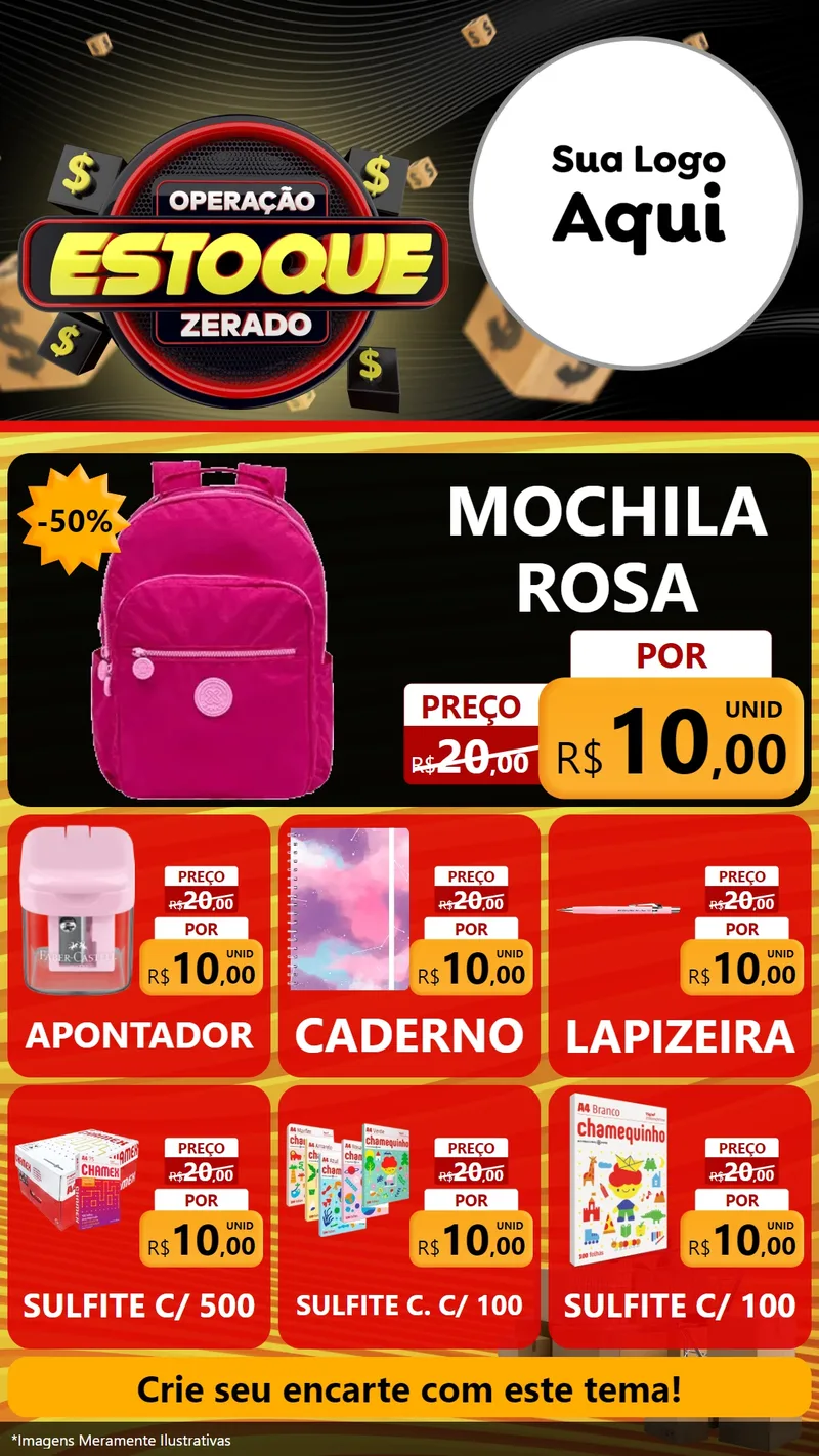 Modelo de Rede Social para Stories com o tema Operação Estoque Zerado para Papelaria
