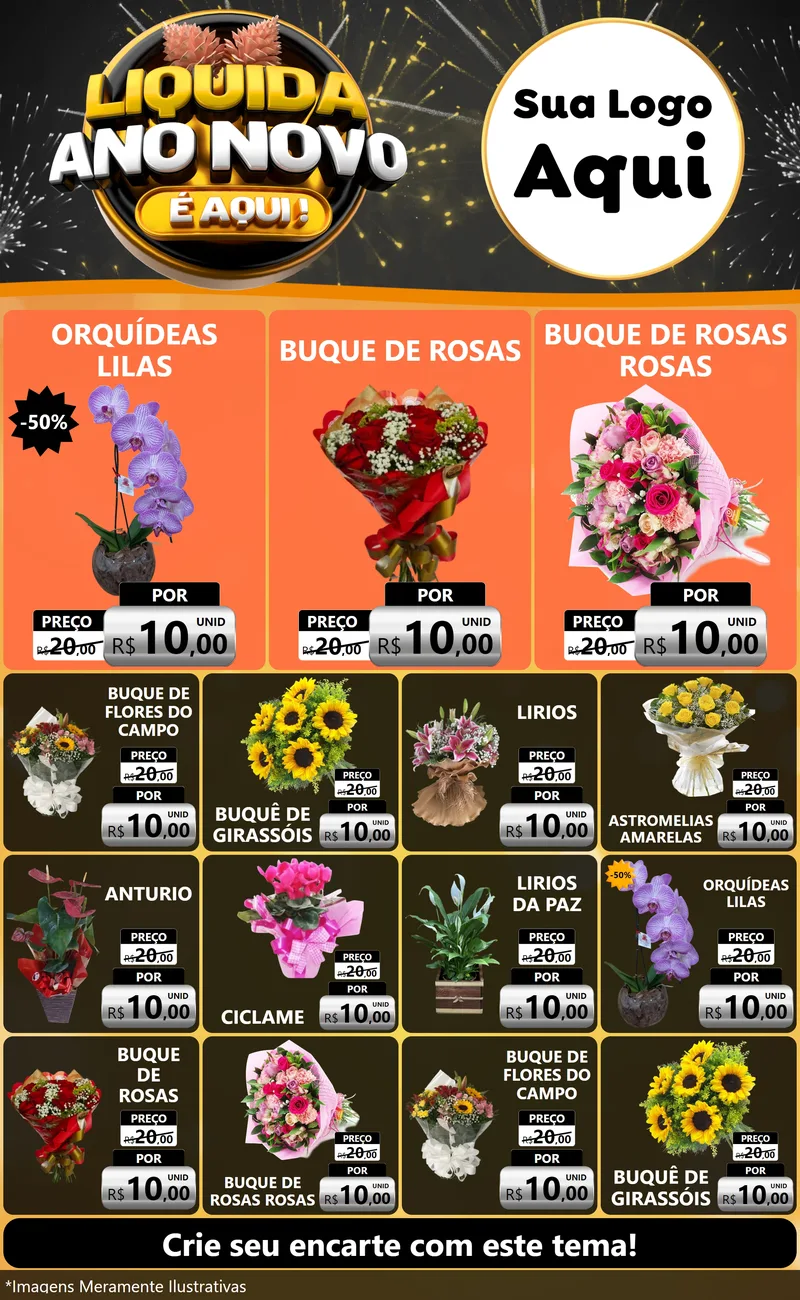 Modelo de Encarte para Encarte Grande com o tema Liquida Ano Novo É Aqui! para Floricultura e jardim