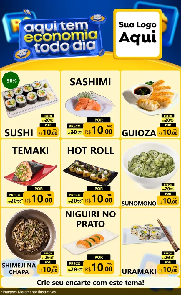 Modelo de Encarte para Encarte Grande com o tema Aqui Tem Economia Todo Dia para Comida japonesa