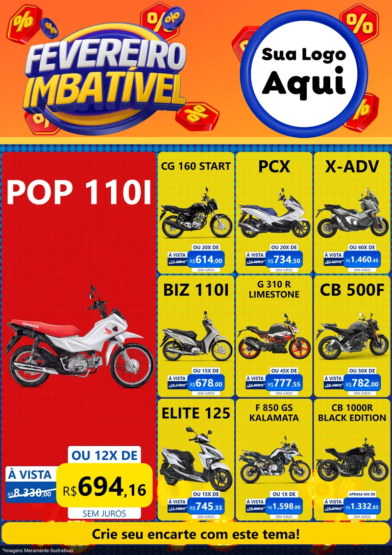 Modelo de Encarte para Encarte A4 Vertical com o tema Fevereiro Imbatível para Concessionaria de Motos