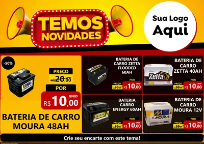 Modelo de Encarte para Encarte A4 Horizontal com o tema Temos Novidades para Baterias Elétricas