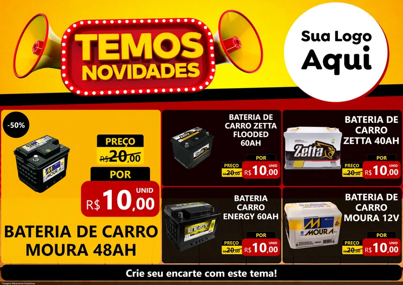 Modelo de Encarte para Encarte A4 Horizontal com o tema Temos Novidades para Baterias Elétricas