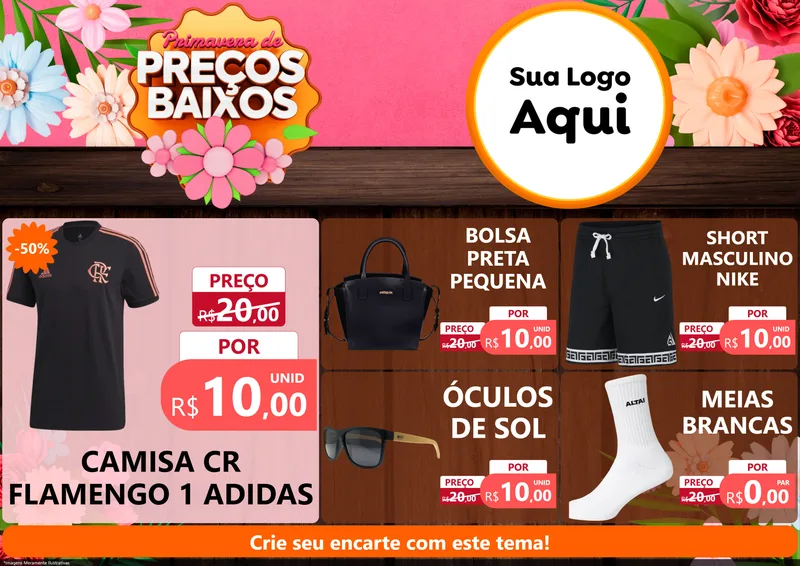 Modelo de Encarte para Encarte A4 Horizontal com o tema Primavera de Preços Baixos para Roupas e acessórios