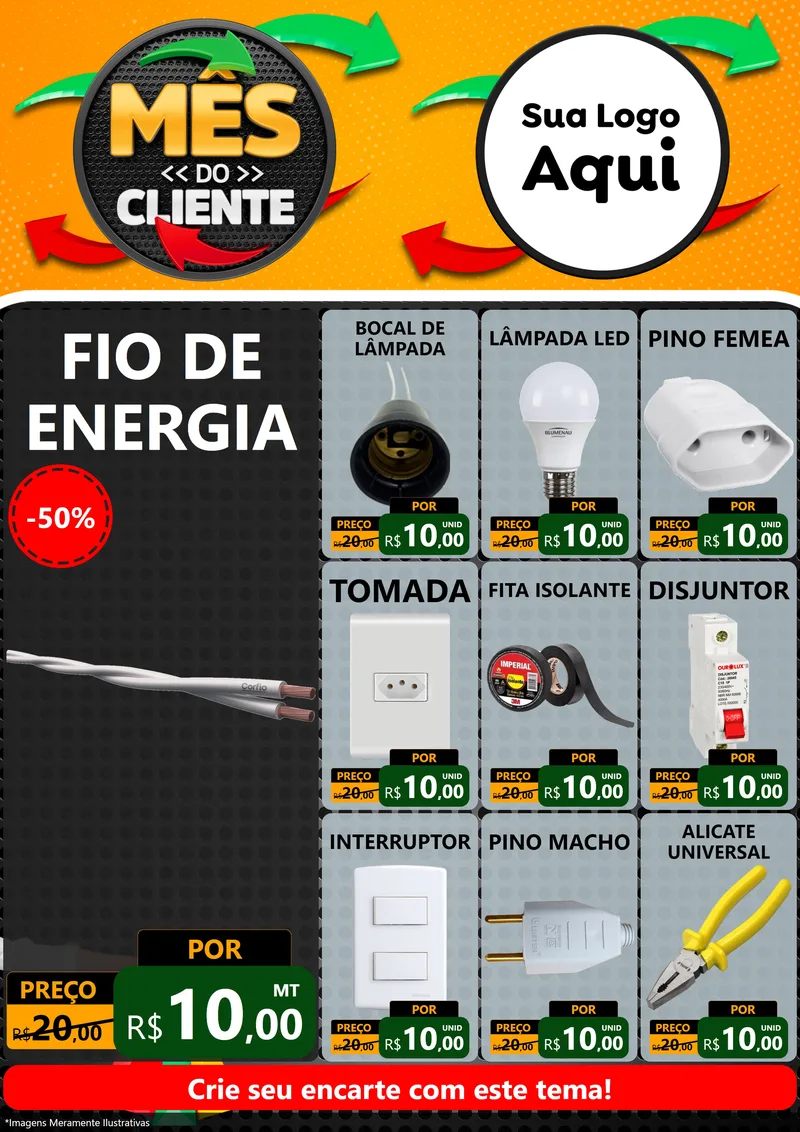 Modelo de Encarte para Encarte A4 Vertical com o tema Mês do Cliente para Materiais Elétricos