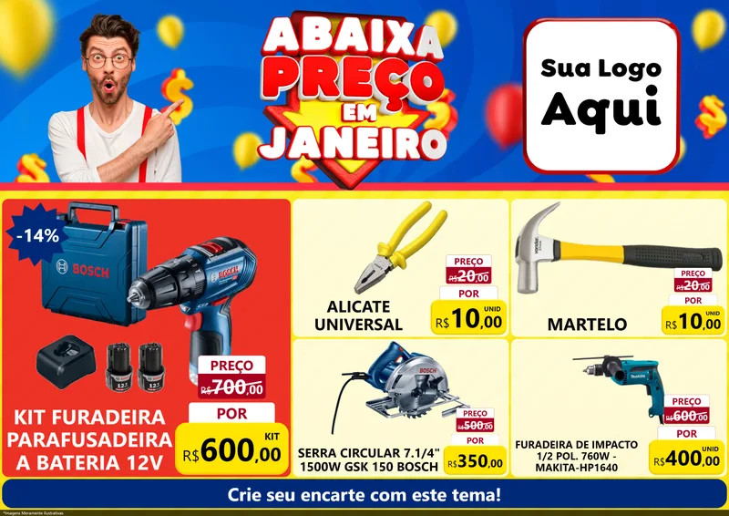 Modelo de Encarte para Encarte A4 Horizontal com o tema Abaixa Preço em Janeiro para Maquinas e Ferramentas