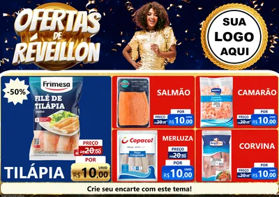 Modelo de Encarte para Encarte A4 Horizontal com o tema Ofertas de Réveillon para Peixaria