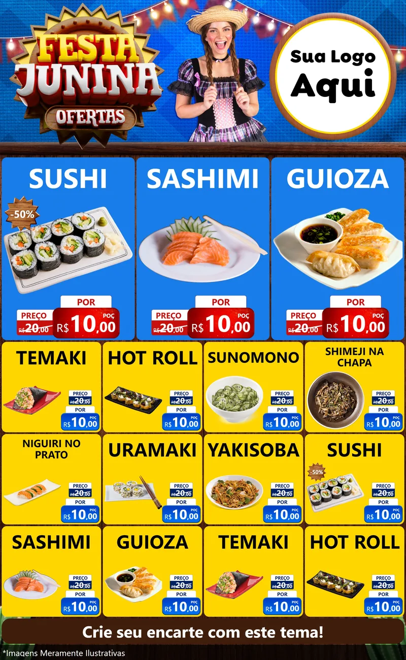 Modelo de Encarte para Encarte Grande com o tema Festa Junina Ofertas para Comida japonesa
