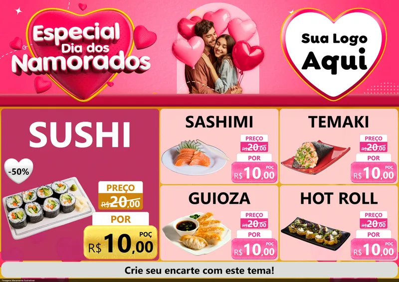 Modelo de Encarte para Encarte A4 Horizontal com o tema Especial Dia dos Namorados para Comida japonesa
