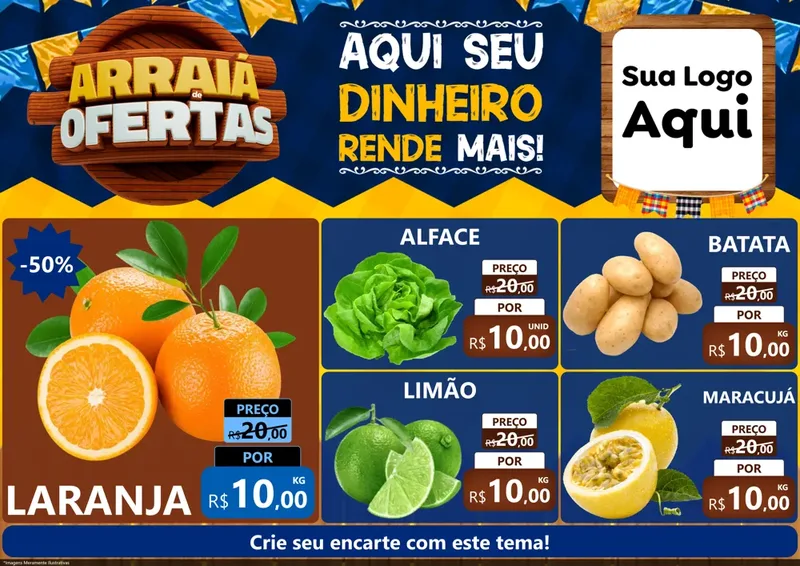 Modelo de Encarte para Encarte A4 Horizontal com o tema Arraiá de Ofertas - Junina para Hortifrúti
