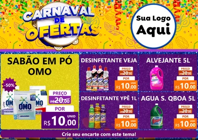 Modelo de Encarte para Encarte A4 Horizontal com o tema Carnaval de Ofertas para Produtos de Limpeza