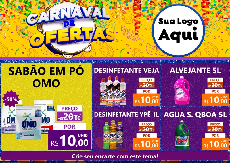 Modelo de Encarte para Encarte A4 Horizontal com o tema Carnaval de Ofertas para Produtos de Limpeza