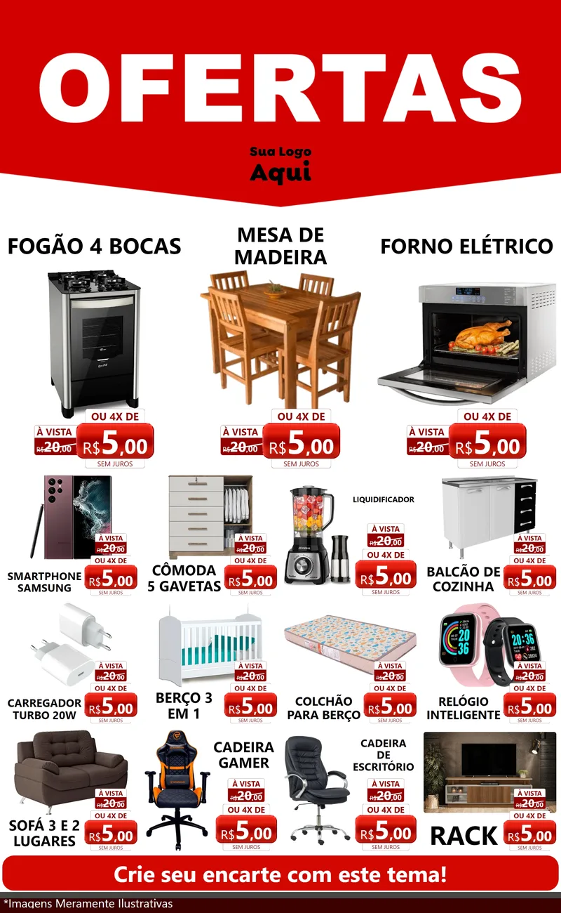 Modelo de Encarte para Encarte Grande com o tema Ofertas Vermelho Cartaz para Móveis e Eletro