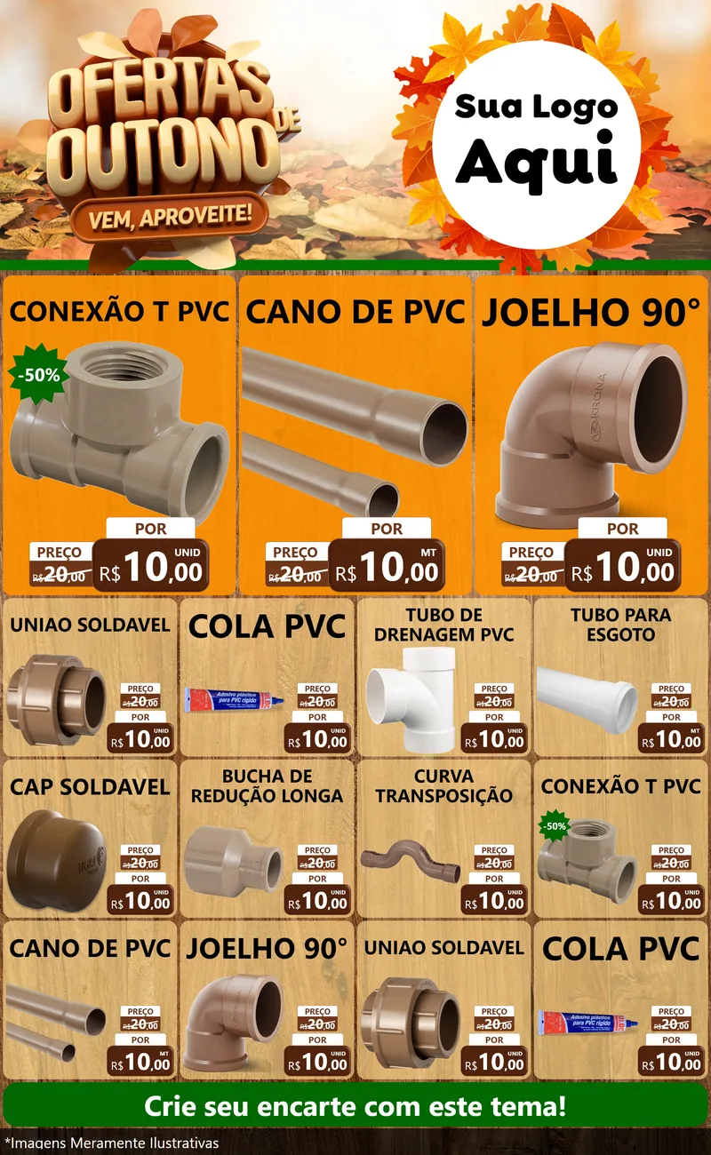 Modelo de Encarte para Encarte Grande com o tema Ofertas de Outono - Vem, Aproveite! para Tubos e conexões