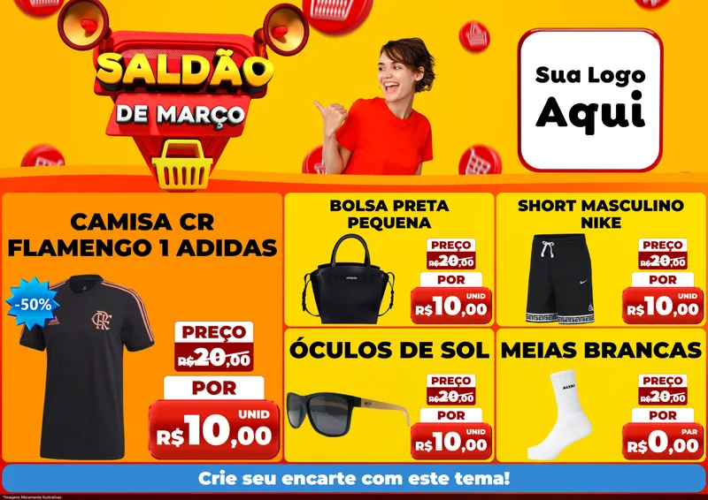 Modelo de Encarte para Encarte A4 Horizontal com o tema Saldão de Março para Roupas e acessórios
