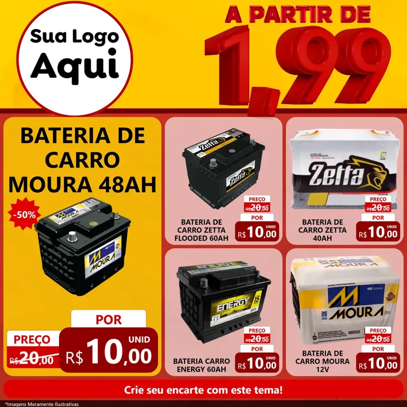 Modelo de Rede Social para Feed Facebook com o tema A Partir de Um e Noventa e Nove - 1,99 para Baterias Elétricas