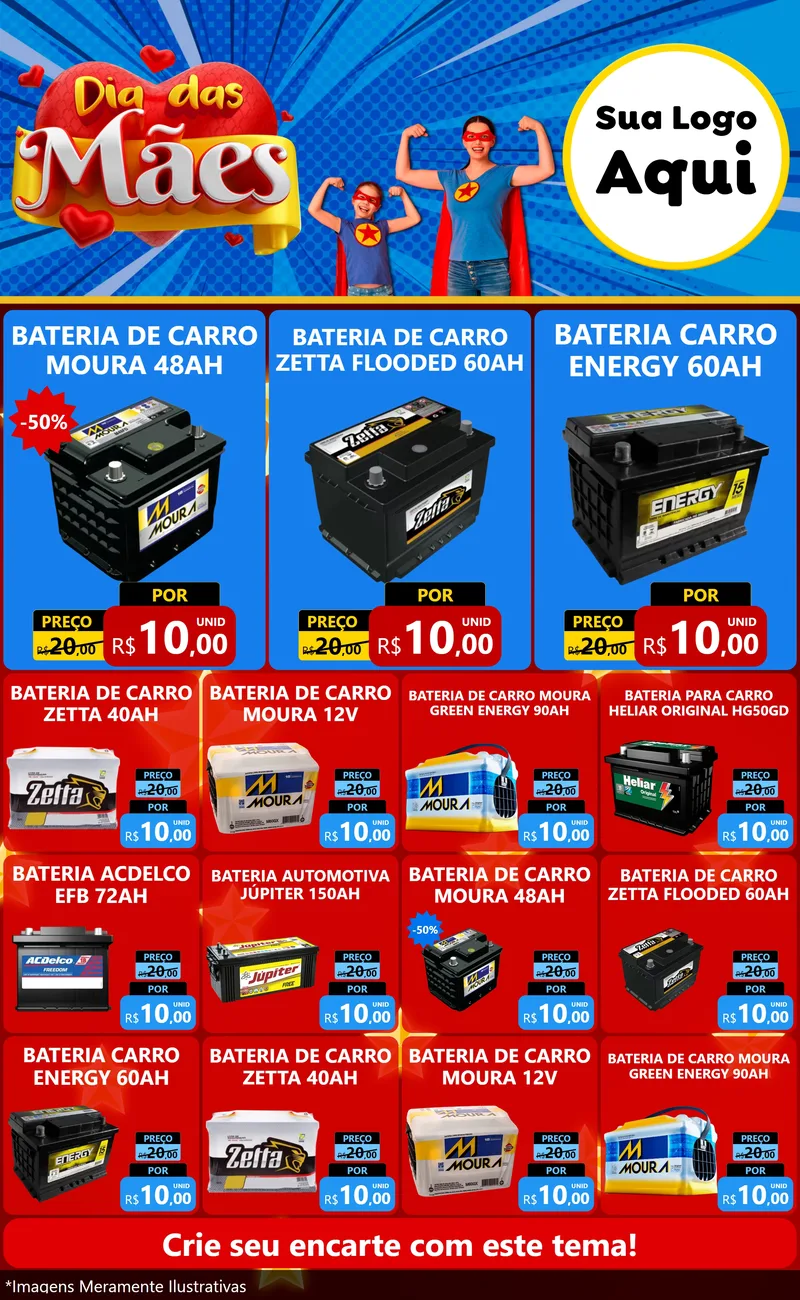 Modelo de Encarte para Encarte Grande com o tema Dia das Mães para Baterias Elétricas
