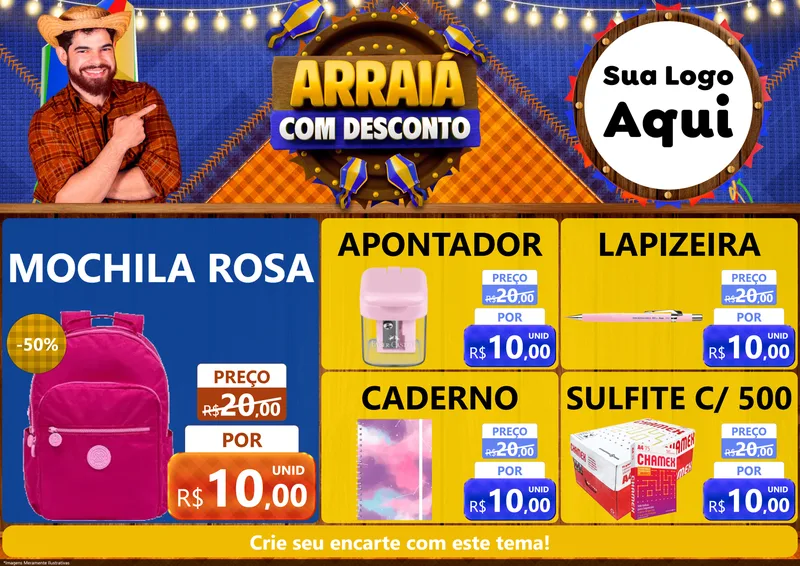 Modelo de Encarte para Encarte A4 Horizontal com o tema Arraiá Com Desconto para Papelaria