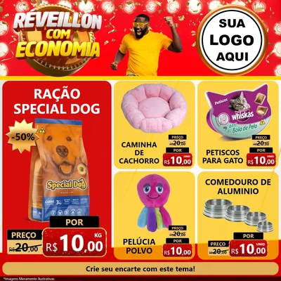 Modelo de Rede Social para Feed Facebook com o tema Réveillon com Economia para Pet Shop