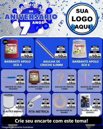 Modelo de Rede Social para Feed Instagram com o tema Promoção de Aniversário - 7 Anos para Armarinho e Aviamentos