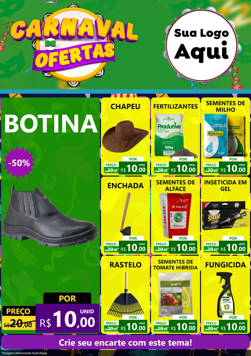 Modelo de Encarte para Encarte A4 Vertical com o tema Carnaval de Ofertas para Agropecuária