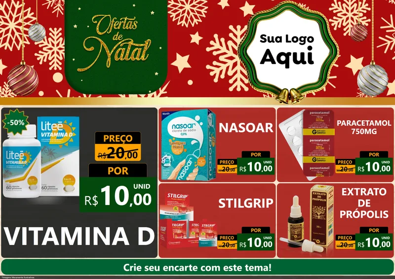 Modelo de Encarte para Encarte A4 Horizontal com o tema Natal de Ofertas para Farmácia