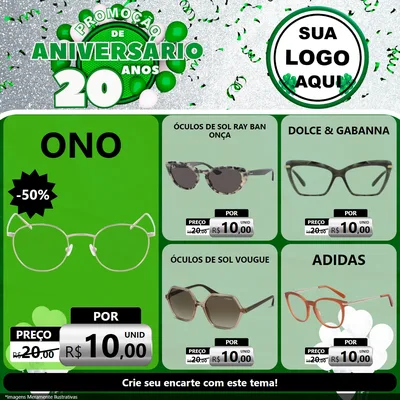 Modelo de Rede Social para Feed Facebook com o tema Promoção de Aniversário - 20 Anos para Óticas