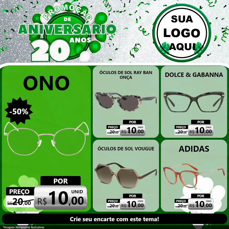 Modelo de Rede Social para Feed Facebook com o tema Promoção de Aniversário - 20 Anos para Óticas
