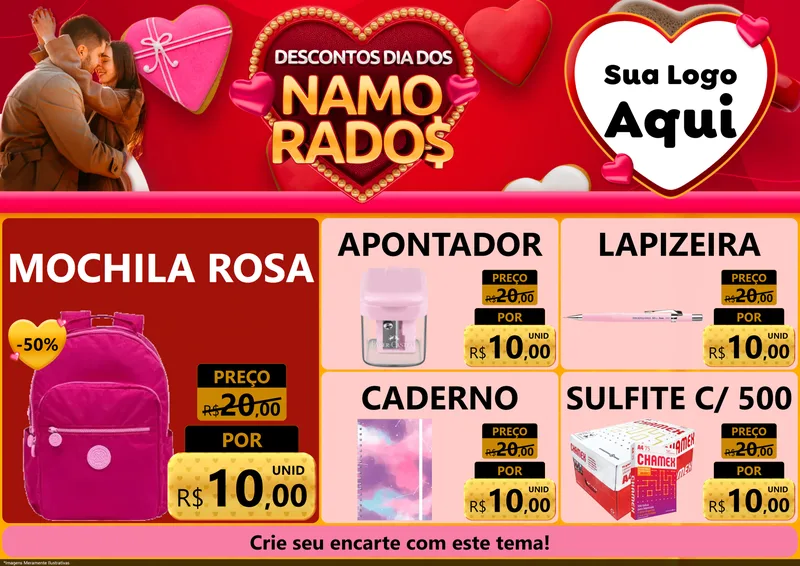 Modelo de Encarte para Encarte A4 Horizontal com o tema Descontos Dia dos Namorados para Papelaria