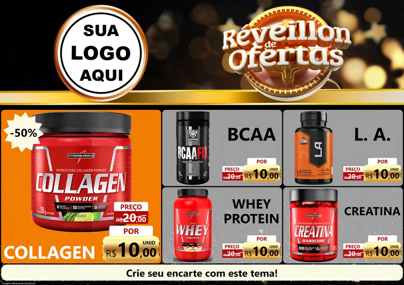 Modelo de Encarte para Encarte A4 Horizontal com o tema Réveillon de Ofertas para Suplementos alimentares