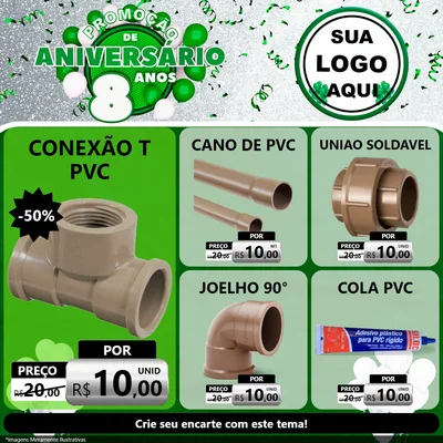 Modelo de Rede Social para Feed Facebook com o tema Promoção de Aniversário - 8 Anos para Tubos e conexões