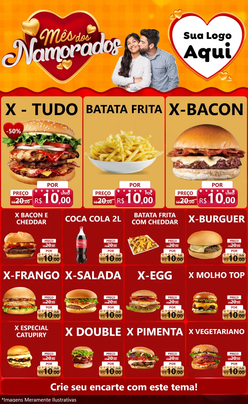 Modelo de Encarte para Encarte Grande com o tema Mês dos Namorados para Hamburgueria