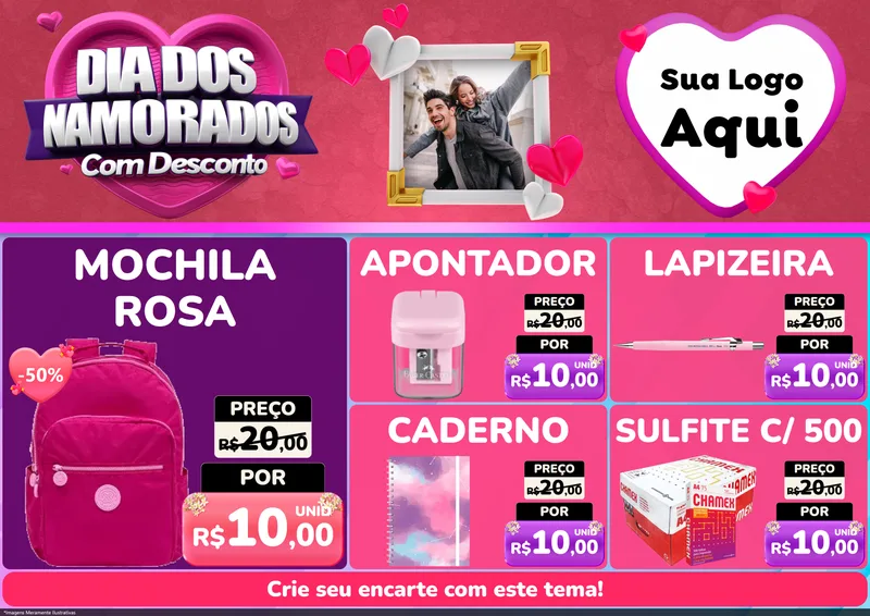 Modelo de Encarte para Encarte A4 Horizontal com o tema Dia Dos Namorados Com Desconto para Papelaria