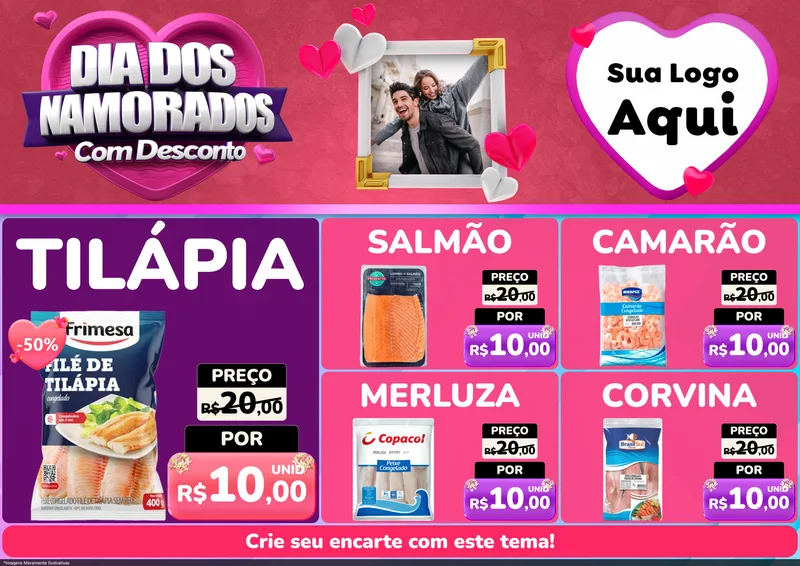 Modelo de Encarte para Encarte A4 Horizontal com o tema Dia Dos Namorados Com Desconto para Peixaria