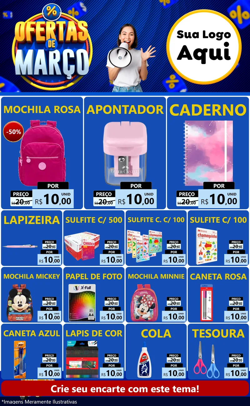 Modelo de Encarte para Encarte Grande com o tema Ofertas de Março para Papelaria