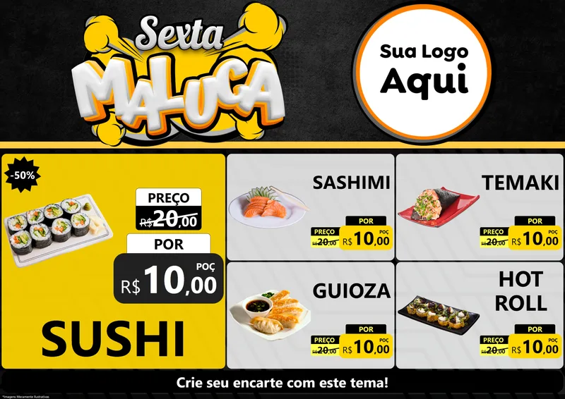 Modelo de Encarte para Encarte A4 Horizontal com o tema Sexta Maluca para Comida japonesa