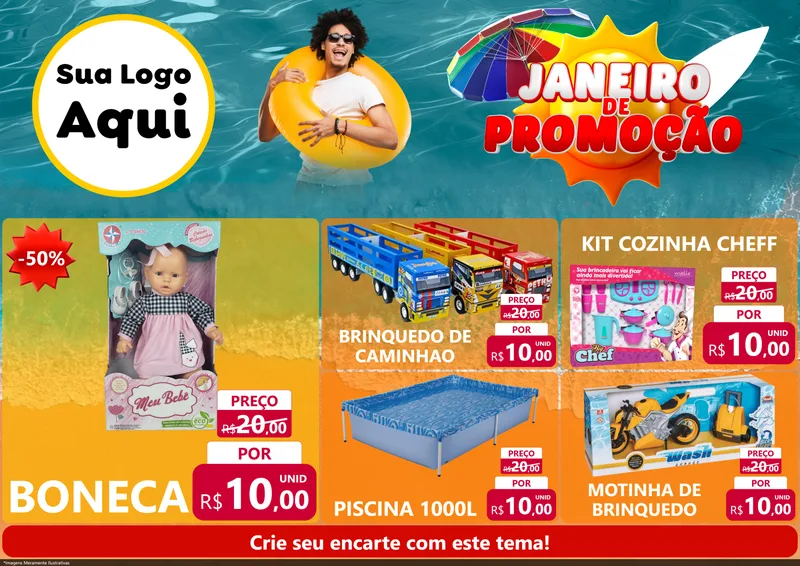 Modelo de Encarte para Encarte A4 Horizontal com o tema Janeiro de Promoção para Brinquedos