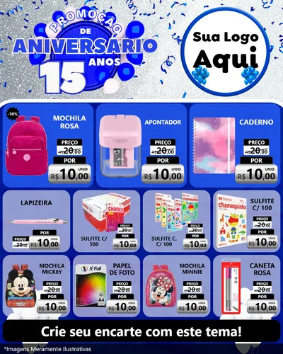 Modelo de Rede Social para Feed Instagram com o tema Promoção de Aniversário - 15 Anos para Papelaria
