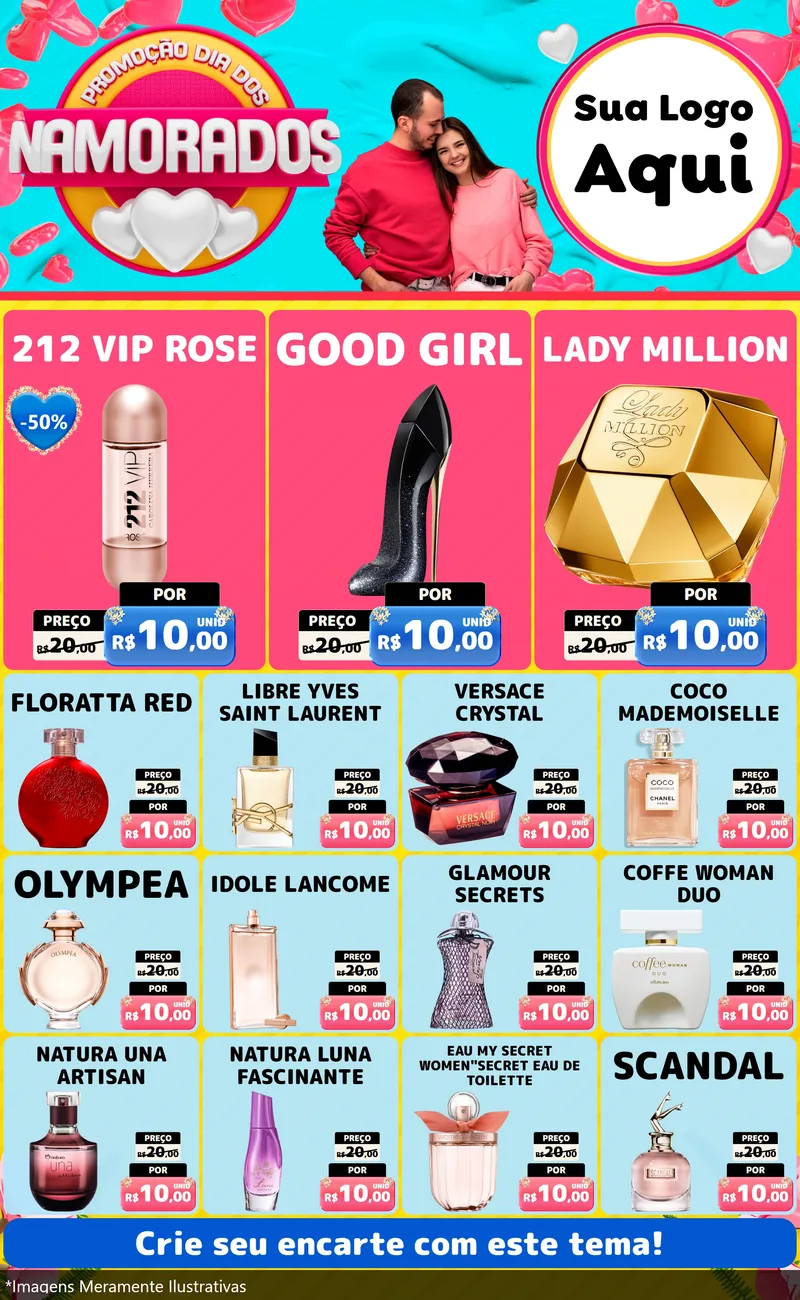 Modelo de Encarte para Encarte Grande com o tema Promoção Dia dos Namorados para Perfumes